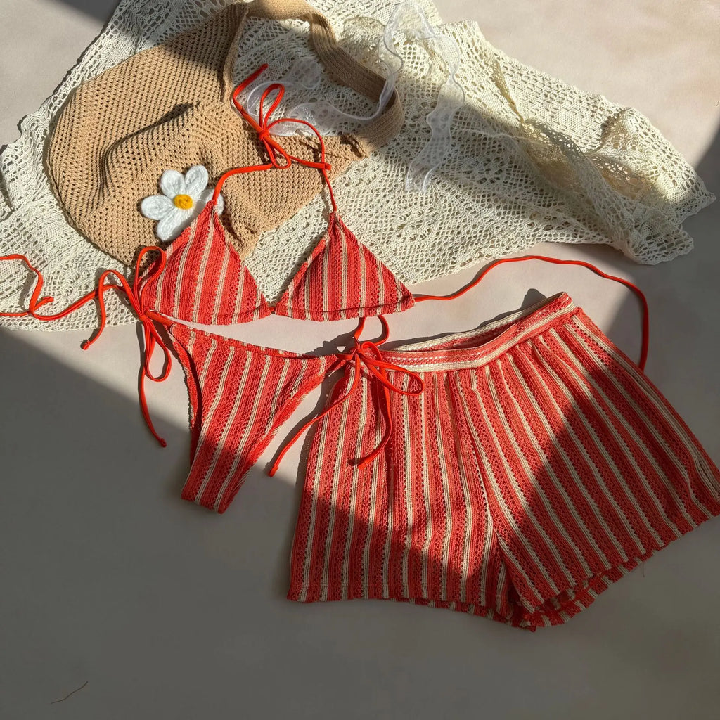 Women’s 2026 Striped 3‑Piece Bikini Set – Sexy Swimsuit with Skirt Beachwear