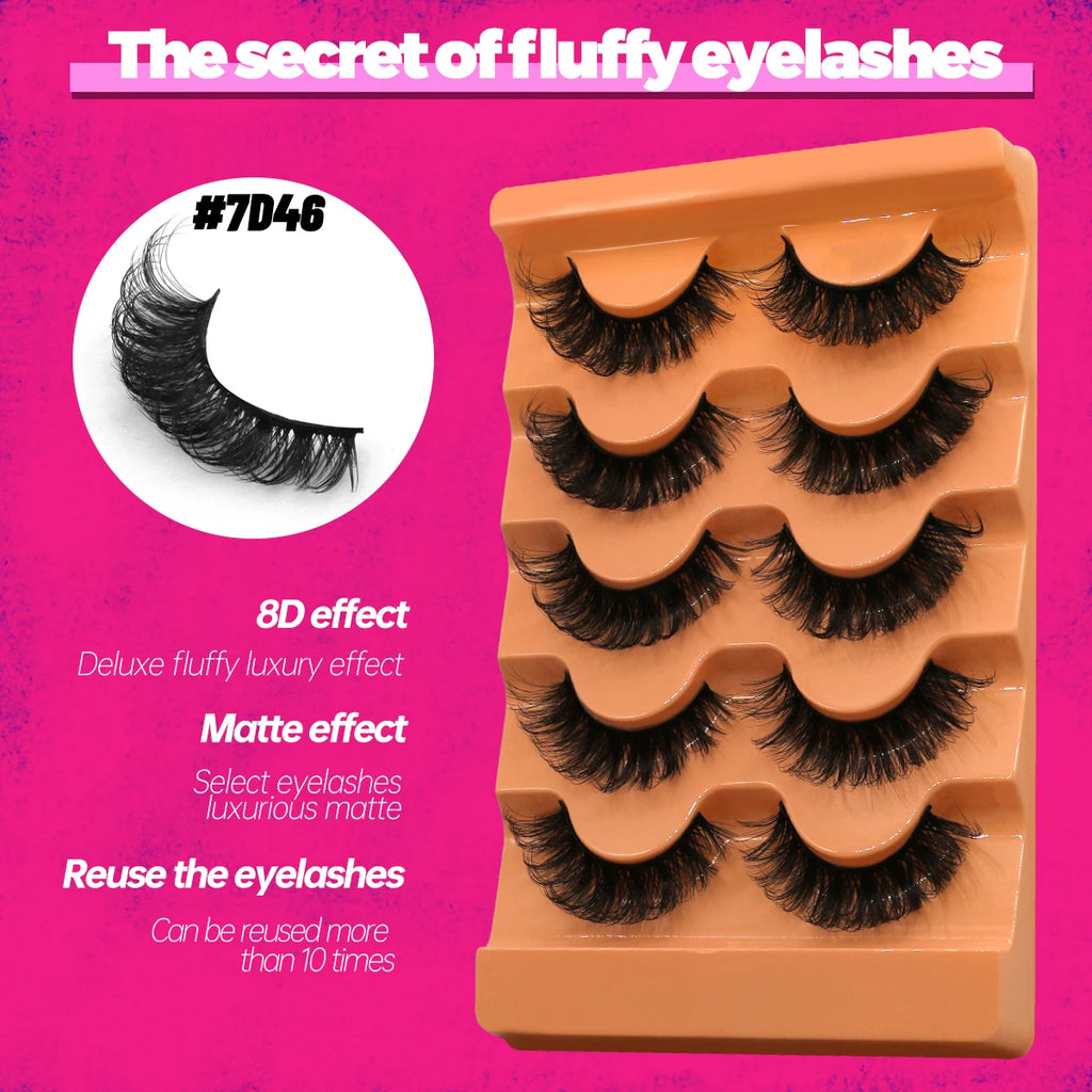 GROINNEYA Fluffy Lashes 5 Pairs D Curl 3D Mink False Eyelashes Thick Volume Russian Strip Lashes Mink Lashes Faux Natural Fake L
