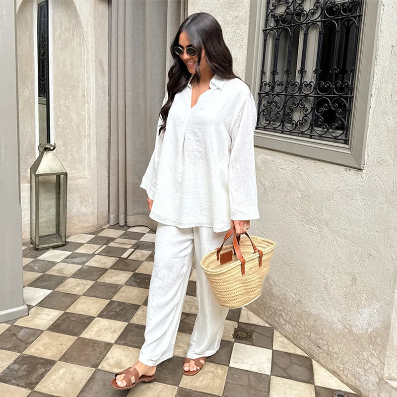 Casual Women Trousers Sets Lapel Single Breasted Long Sleeve Loose Top Wide Leg Pant Set 2025 Summer Cotton Linen Lady Suits