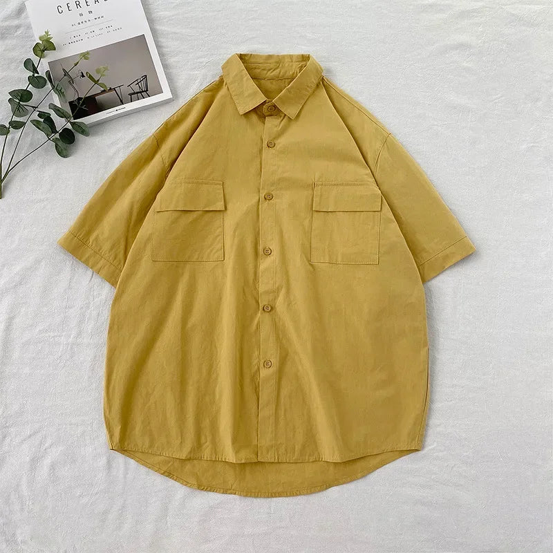 Summer Solid Color Short Sleeve Men's Shirt Loose Fit Japanese Workwear Half Sleeve Top Hong Kong Style White Trendy Casual Shir
