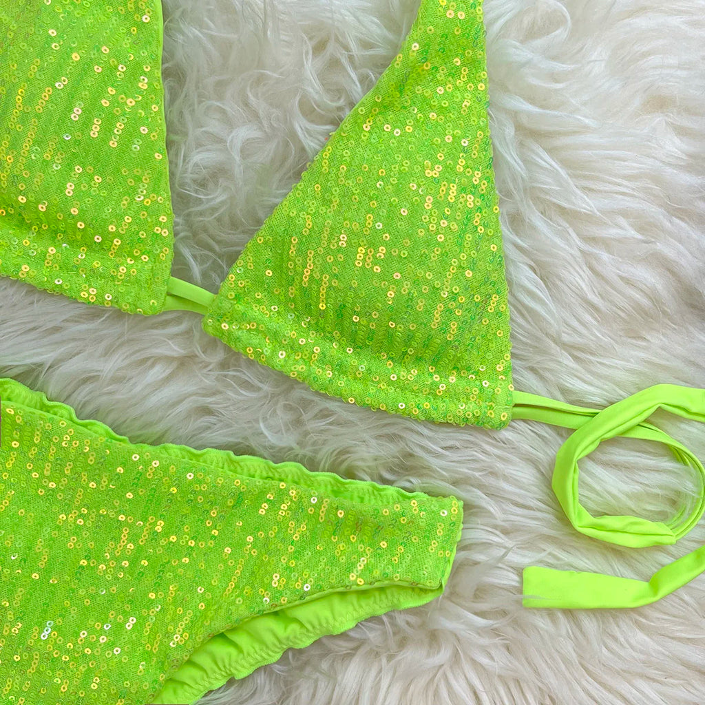 Melphieer Sequins Sparkle Bikini Set — Strappy Bandage Ruching Bum Two‑Piece Swimsuit for Beach, Pool & Holiday Outfits