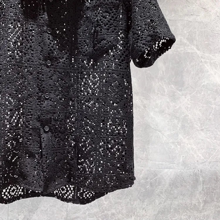 Summer Mens Hollow Out Crochet Beach Shirt Short Sleeve Single Breasted Loose Fit Tops Vintage Breathable Night Clubwear Shirts