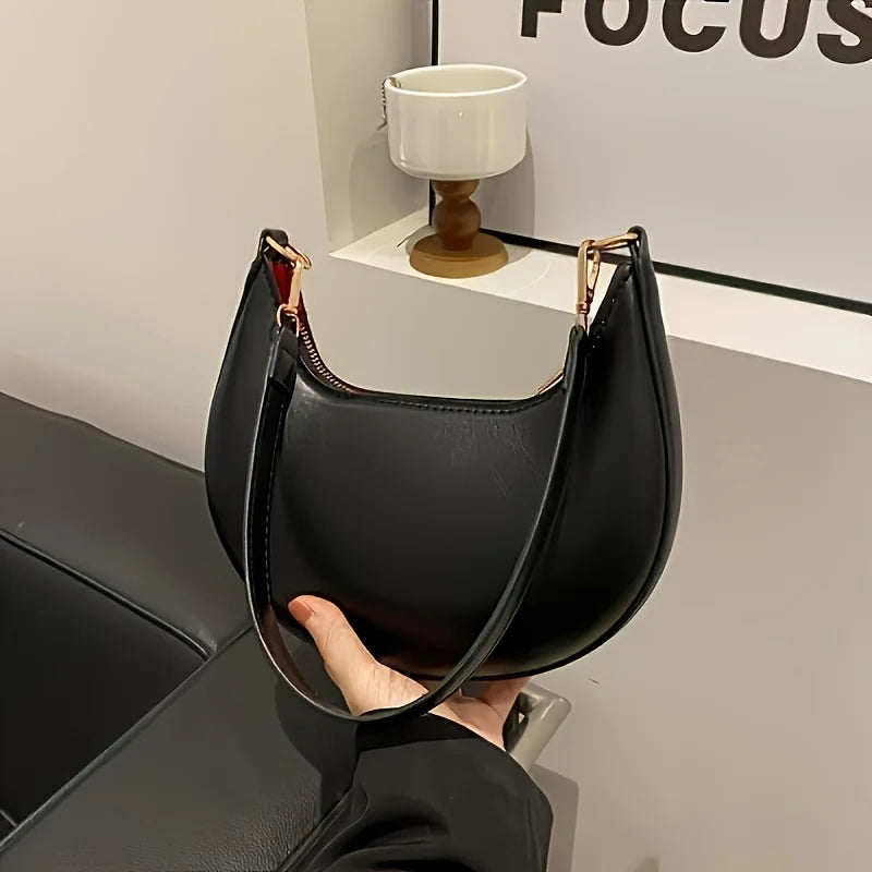 Vintage Tote Bag Retro Half Moon Pu Leather Handbag Shoulder Bags for Women Detachable Strap, Zipper Closure, Polyester Lining