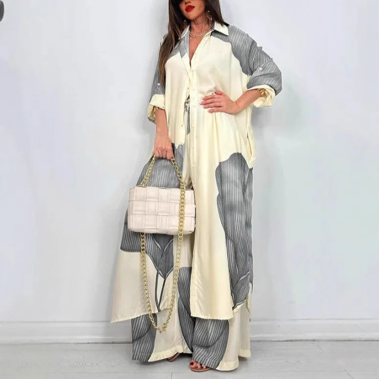 Spring Summer Elegant Lady Set Fashion Printed Long Shirt Top + Wide Leg Pants 2-piece Outfit  Casual Loose Oversized Women Sets
