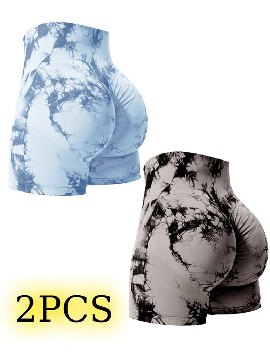 Women’s Tie‑Dye High‑Waist Seamless Gym Shorts – 2PCS Stretch Fitness Shorts, Butt‑Enhancing, Skinny Sport Style