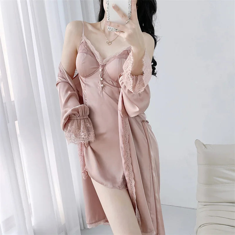 2Pcs Robe Set Beige Night Dress Sexy Bride Wedding Morning Dress Gown Loose Bathrobe Suit Rayon Nightwear Loungewear Homewear