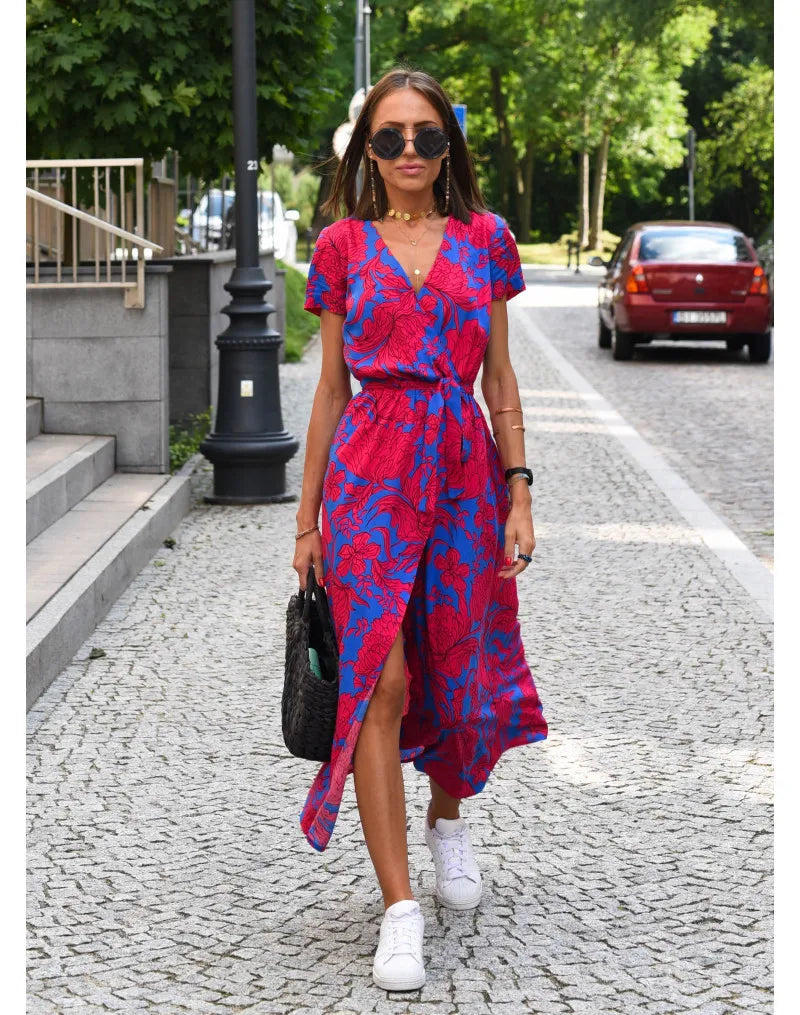 Summer Polka Dot Split Hem Long Dress Women 2023 New Fashion V Neck Print Sundress Vestidos Short Sleeved Waisted Lace-up Dress