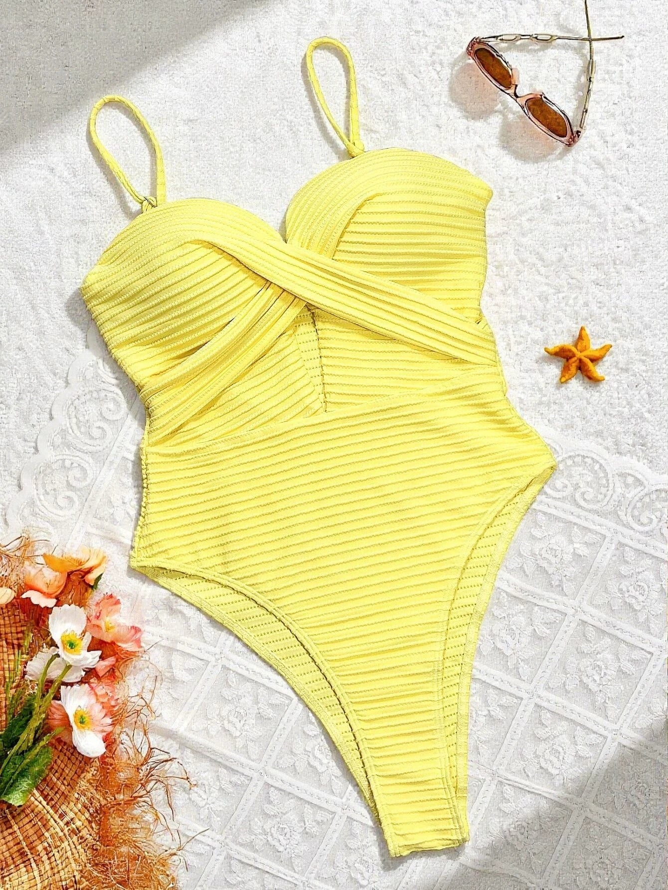 Sexy Yellow Hollow‑Out Cross One‑Piece Swimsuit