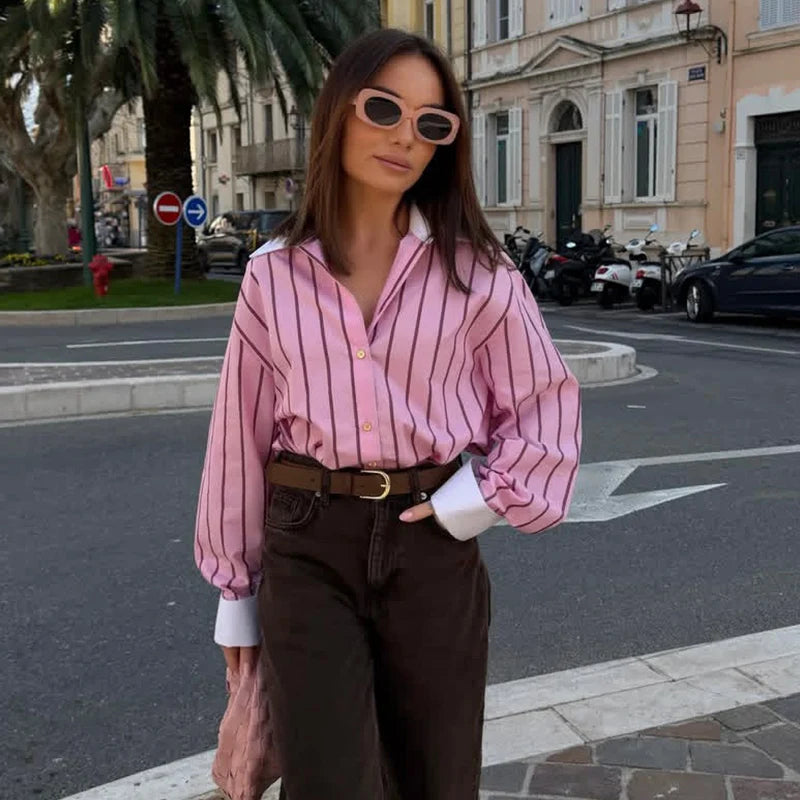 2026 Women’s Long Sleeve Collared Shirt — Striped Cuff Loose Chic Spring Summer Top