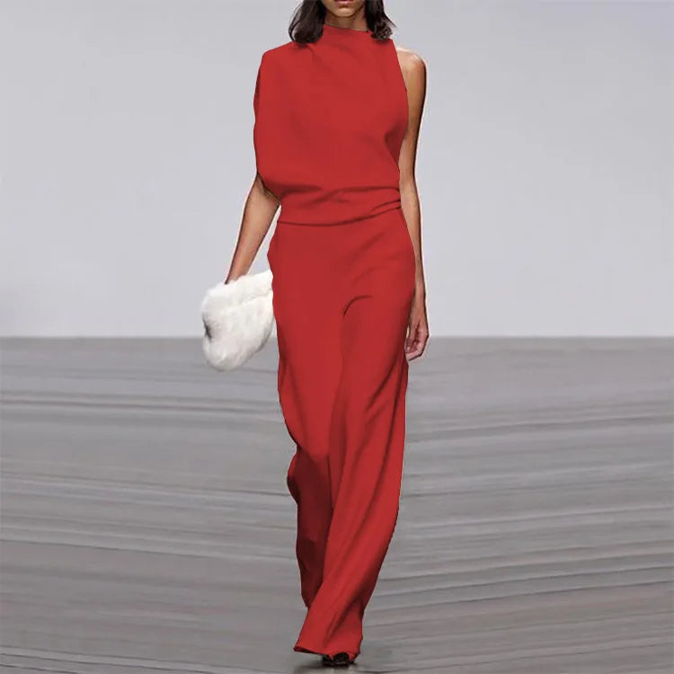 Solid Color Irregular Sleeveless Jumpsuits Women Fashion Temperament Sexy Backless Folds Slightly Flared Jumpsuit Female 2025