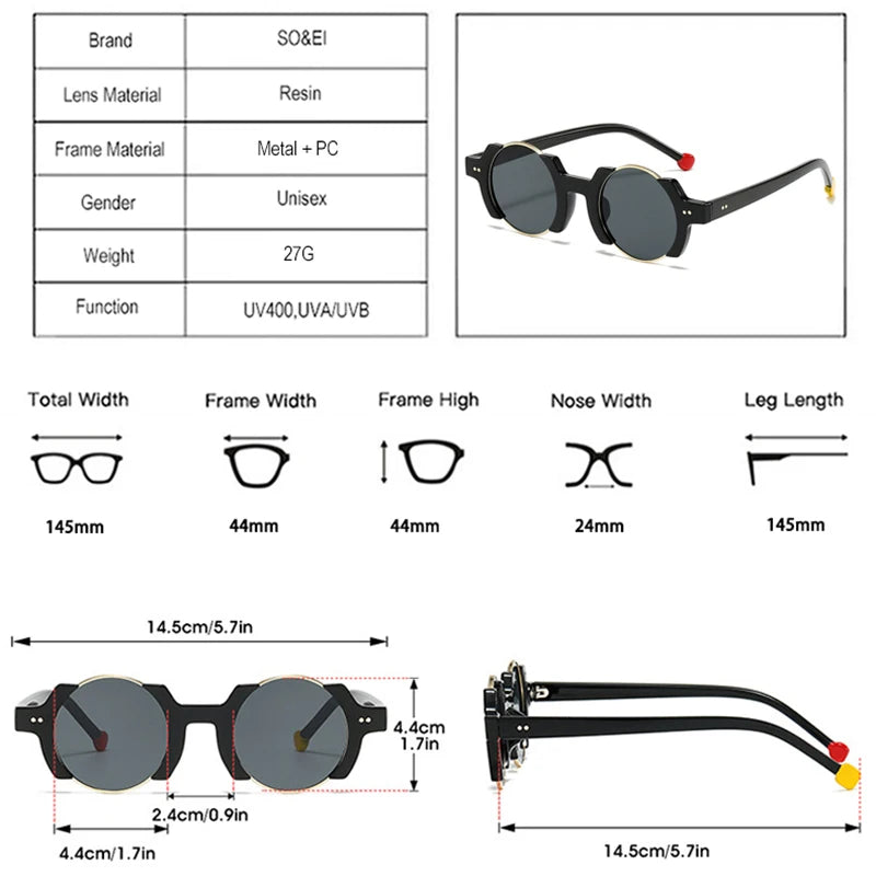 SO&EI Ins Popular Fashion Round Women Punk Sunglasses Retro Rivets Men Trending Yellow Blue Sun Glasses Gradient Shades UV400