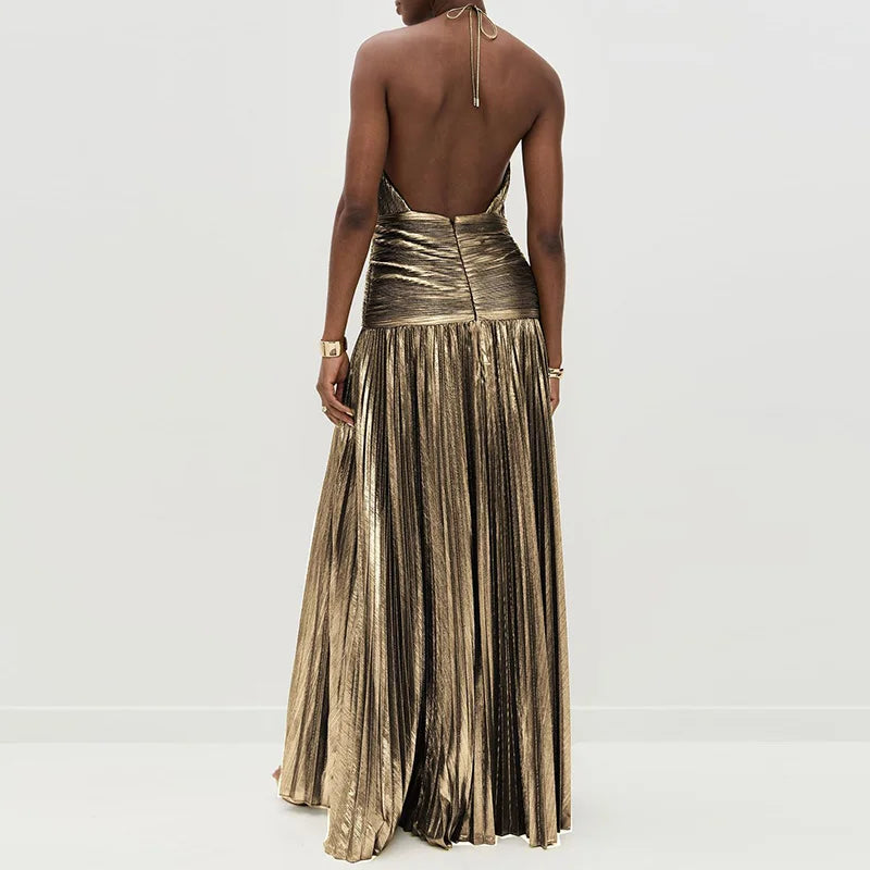 Gold Sexy Halter High Split Gowns Evening Dress Woman Chic Solid Hollow Pleated Long Dress Spring Summer Backless Zip Maxi Dress