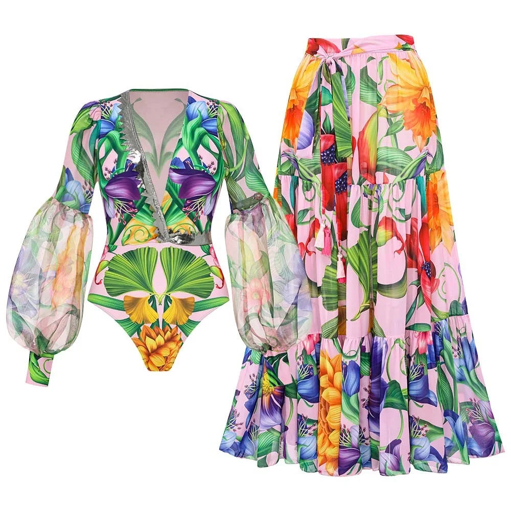 Women’s 2026 V‑Neck Long‑Sleeve Bikini Set – Printed Two‑Piece Swimsuit with Maxi Skirt Cover‑Up