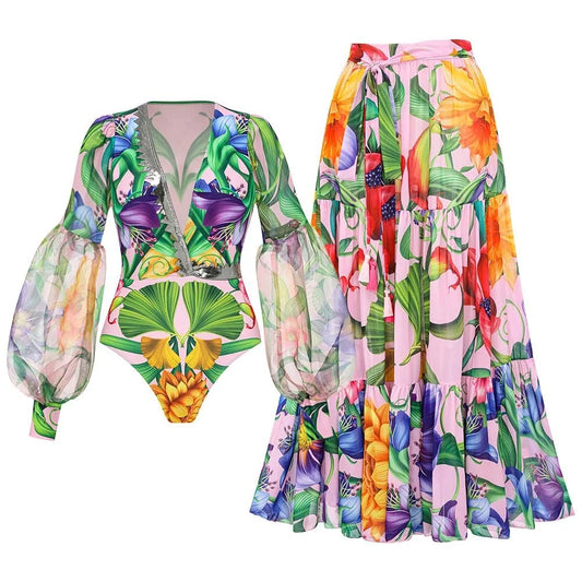 Women’s 2026 V‑Neck Long‑Sleeve Bikini Set – Printed Two‑Piece Swimsuit with Maxi Skirt Cover‑Up