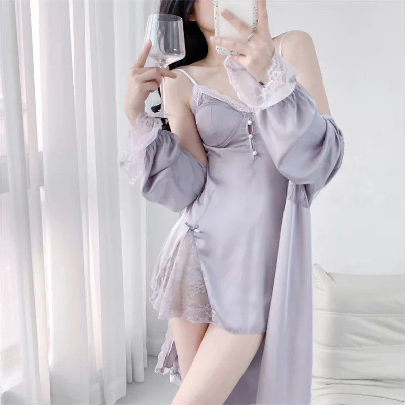 2Pcs Robe Set Beige Night Dress Sexy Bride Wedding Morning Dress Gown Loose Bathrobe Suit Rayon Nightwear Loungewear Homewear