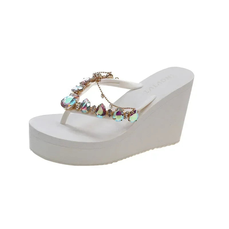 Women’s High Heeled Flip Flops — Diamond Slope Heel Slippers Elegant Beach Sandals