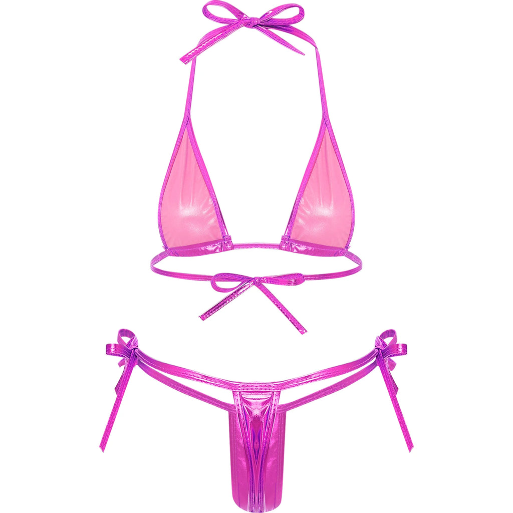 Women’s Metallic Shiny Bikini Set – Lacing Brazilian Micro Swimsuit with Triangle Top & G‑String Bottoms