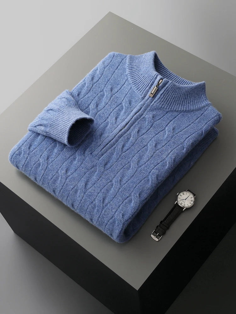 Autumn Winter Men Half Zippers 100% Merino Wool Sweater Thicken Twist Flower Pullover Retro Casual Cashmere Knitwear Solid Tops