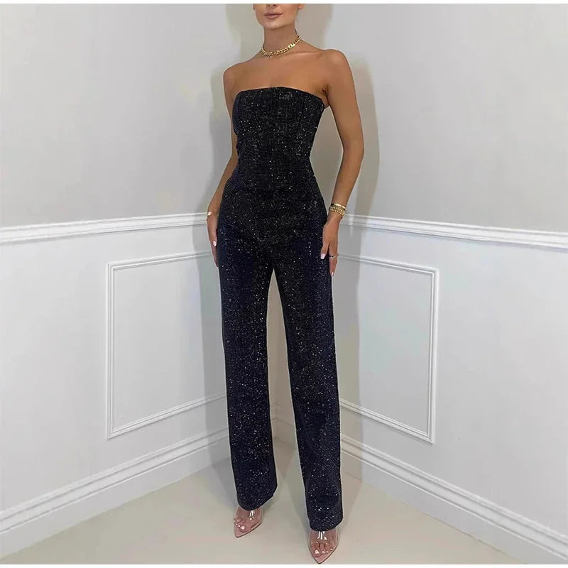 Sexy Women's Sparkling Rhinestone Denim Set Corset Shaping Crop Top Matching Slim Fit Jeans Party Clubwear Cowgirl Style 2pcs