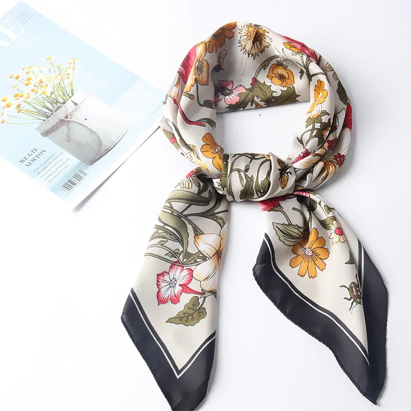Luxury Brand Silk Square Scarf Women flower Neck Hair Tie Band Beach Hijab Kerchief Head Headbands Bandana Female Foulard 70cm