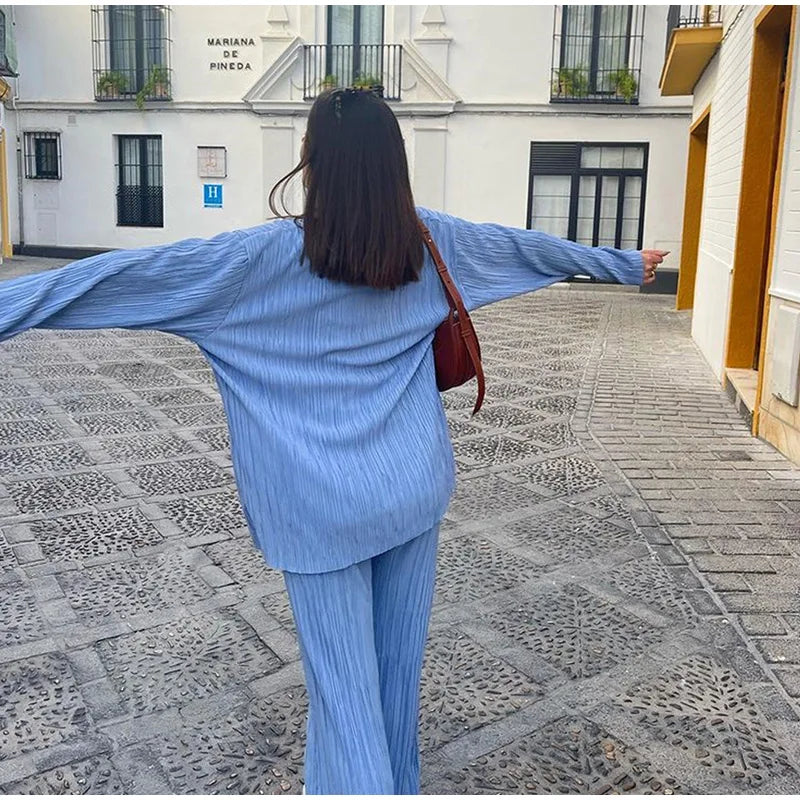 CM.YAYA Street Women's Set Long Sleeve Shirt Tops and Wide Leg Pants Elegant Tracksuit Two Piece Set Sweatsuit Fitness Outfits