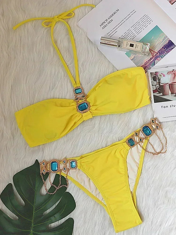 Women’s 2026 Rhinestone Diamond Bikini – Halter Chain Two‑Piece Swimsuit, Sexy Shiny Brazilian Swimwear