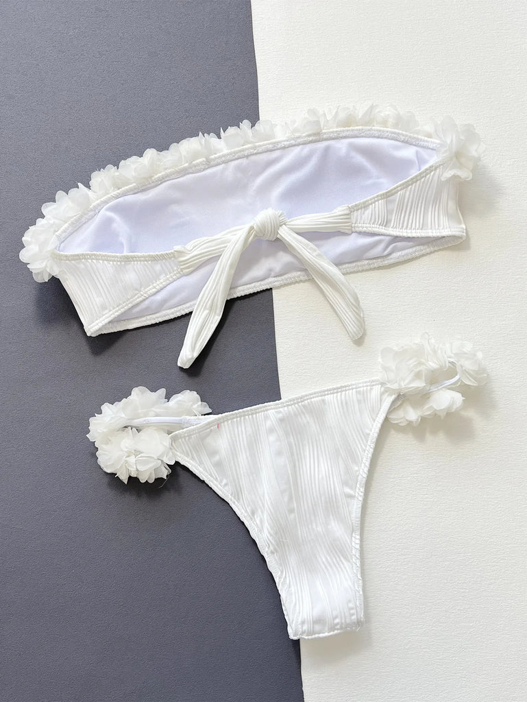 Women’s 2026 White Floral Bandeau Bikini – Strapless Ruffle Push‑Up Swimsuit, Backless Two‑Piece Beachwear2026 New Bandeau White Floral Ruffles Swimsuit Women Sexy Strapless Bikini Set Push Up Bathing Suit Backless Swimwear Beachwear