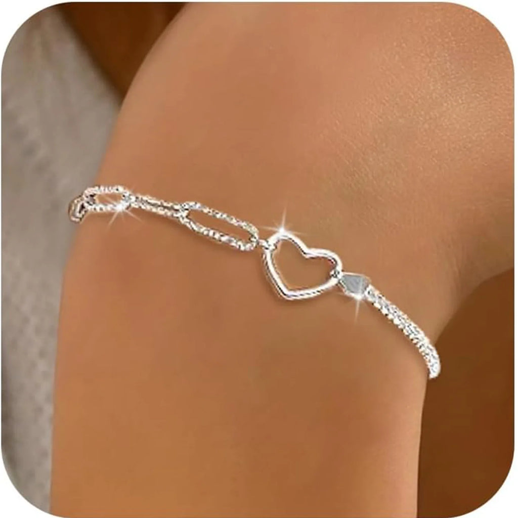 Lucky Star Heart Patchwork Bracelets for Women Ladies 925 Silver Plated Delicate Link Chain Jewelry Gifts Adjustable Bracelet
