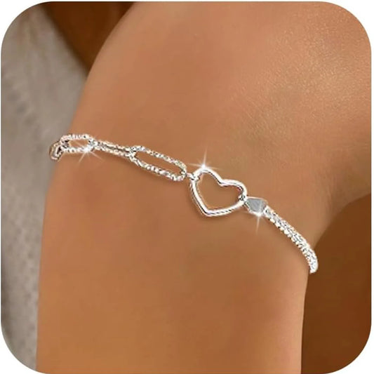 Lucky Star Heart Patchwork Bracelets for Women Ladies 925 Silver Plated Delicate Link Chain Jewelry Gifts Adjustable Bracelet
