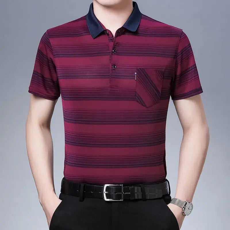 New Summer Men's Short Sleeved T-shirt Ice Silk Middle Aged Lapel Polo Shirt