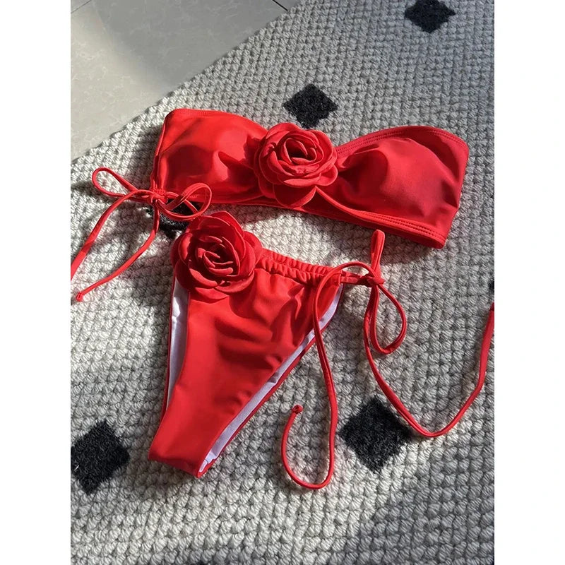 OIINAA Swimsuit Women Sexy Soild Color Bikini Set 3D Floral Swimwear Split Strapless Two-Piece Biquini Lace Up Bathing Suit 2024