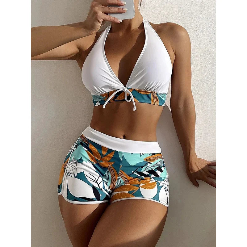 2023 Women’s Halter High‑Waist Bikini Set – Printed Short Swimsuit Two‑Piece Beachwear