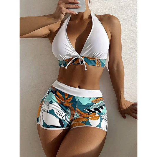 2023 Women’s Halter High‑Waist Bikini Set – Printed Short Swimsuit Two‑Piece Beachwear