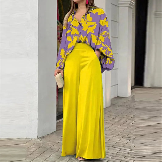 Spring And Autumn For Women's Printed Long Sleeved Shirt Set Casual Fashion Elegant Wide Leg Trousers Female Office 2 Piece Set