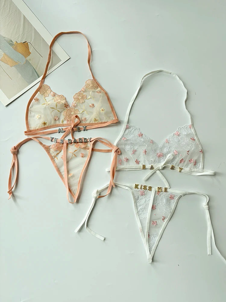 Custom Name Crystal Letter Lace Lingerie Set