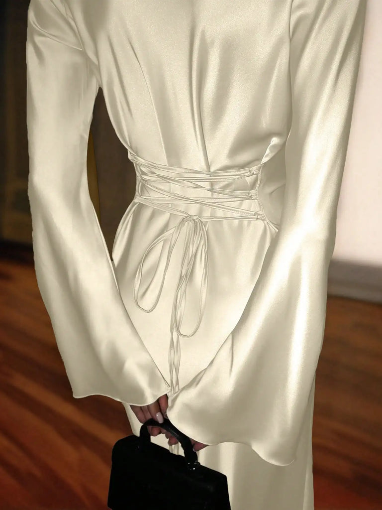Women’s Bespoke Satin Maxi Dress – Corset Waist Tie, Round Neck & Flared Sleeves | Luxury Evening Gown 2026