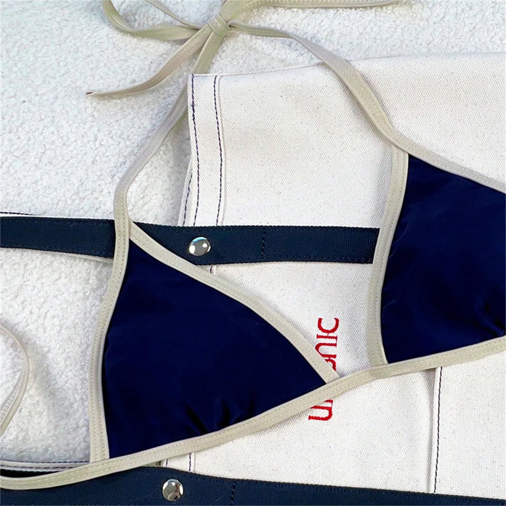 Women’s Vintage Blue Triangle Bikini – Border String Push‑Up Backless Extreme Swimsuit Beach Set