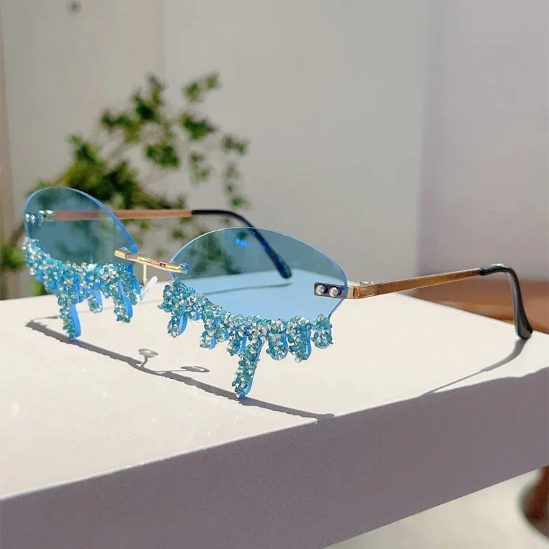KAMMPT Rimless Tear Shaped Sunglasses with Rhinestones Women Fashion Decorative Shades Trendy Stylish Design Rave Sun Glasses