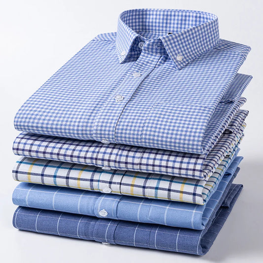 2024 Men Oxford Fashion 100% Cotton  Long Sleeve Casual Slim Solid Color Plaid Print Stripe Formal Dress Shirt Plus Size