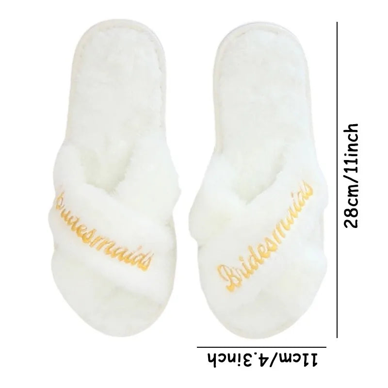 1pair Wedding Slippers Bridal Shower Bachelorette Party Open Toe Slippers Plush For Women Indoor Party Decor Bridesmaid Gift