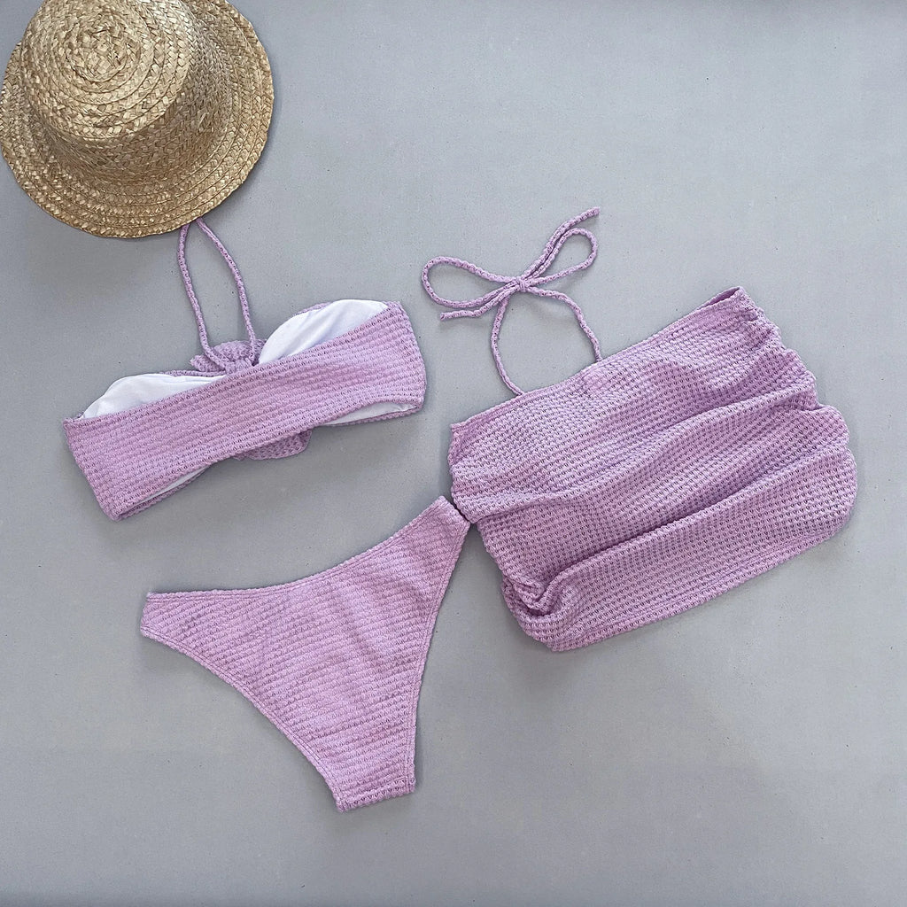 Women’s 2025 Floral 3‑Piece Bikini Set – Solid Bandage Swimsuit with Matching Cover‑Up