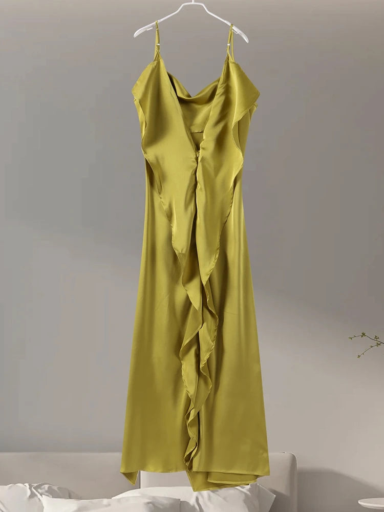 Fashion Satin Ruffles Sling Maxi Dress For Women Elegant Side Split Long Dress 2025 Sexy Backless Sleeveless Club Female Vestido