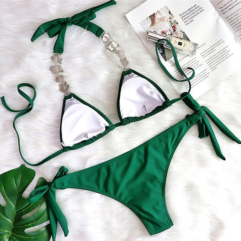 Women’s 2026 Rhinestone Diamond Bikini – Halter Chain Two‑Piece Swimsuit, Sexy Shiny Brazilian Swimwear