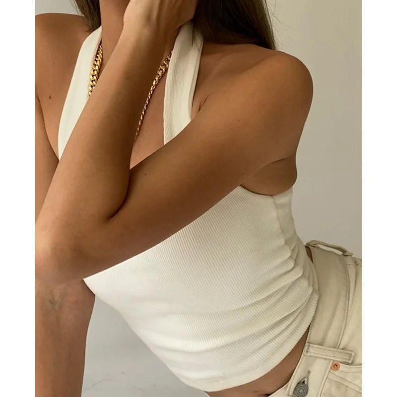 White Halter Backless Ribbed Knit Crop Top — 2023 Streetwear Feminino Style