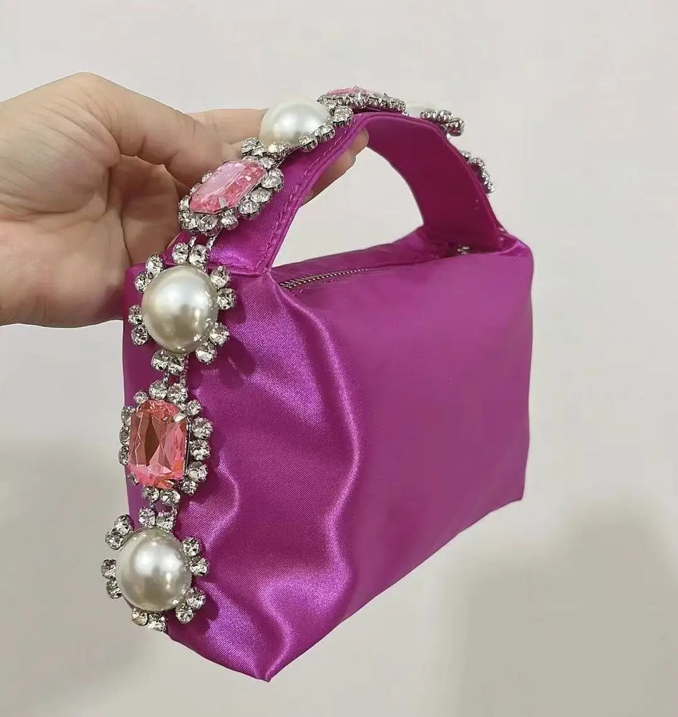 Luxury Designer Pearl Beaded Satin Hobo Bag Women Handbag Rhinestone Diamond Evening Bag Wedding Party Clutch Purse Shoulder Bag