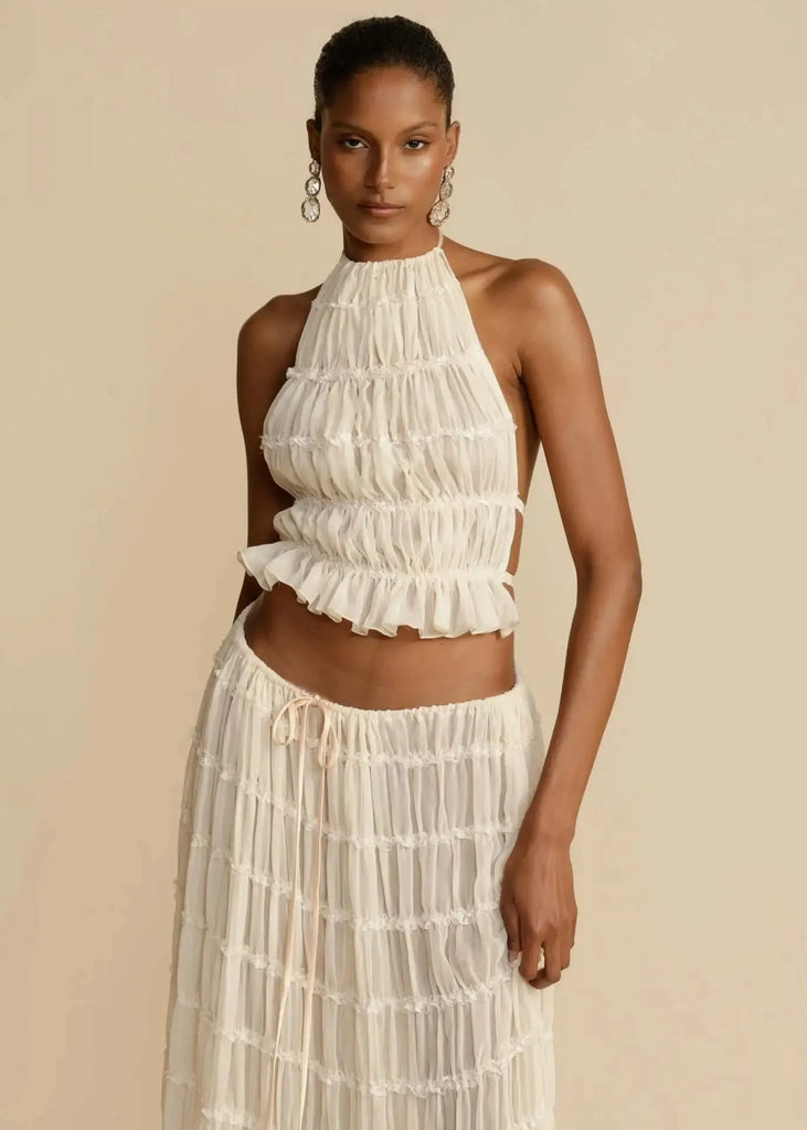 Fashion Halter Neck Long Skirt Suit Women Backless Sling Top Lace Up Fold Maxi Skirts New Summer Female 2 Piece Set Outfits