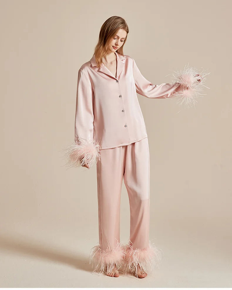 luxury feather‑trim satin pajama set
