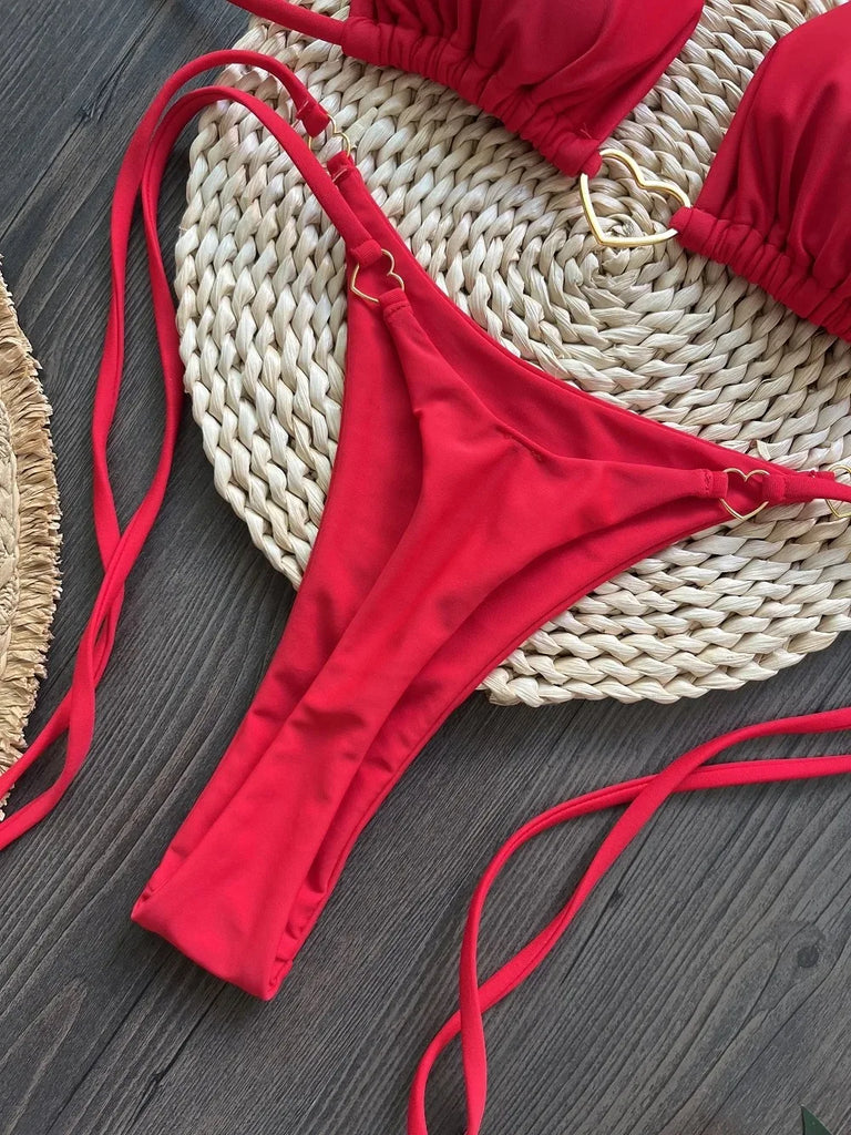 Women’s Sexy Halter Triangle Bikini – Low‑Waist Brazilian Thong Two‑Piece Swimsuit (Solid Color)