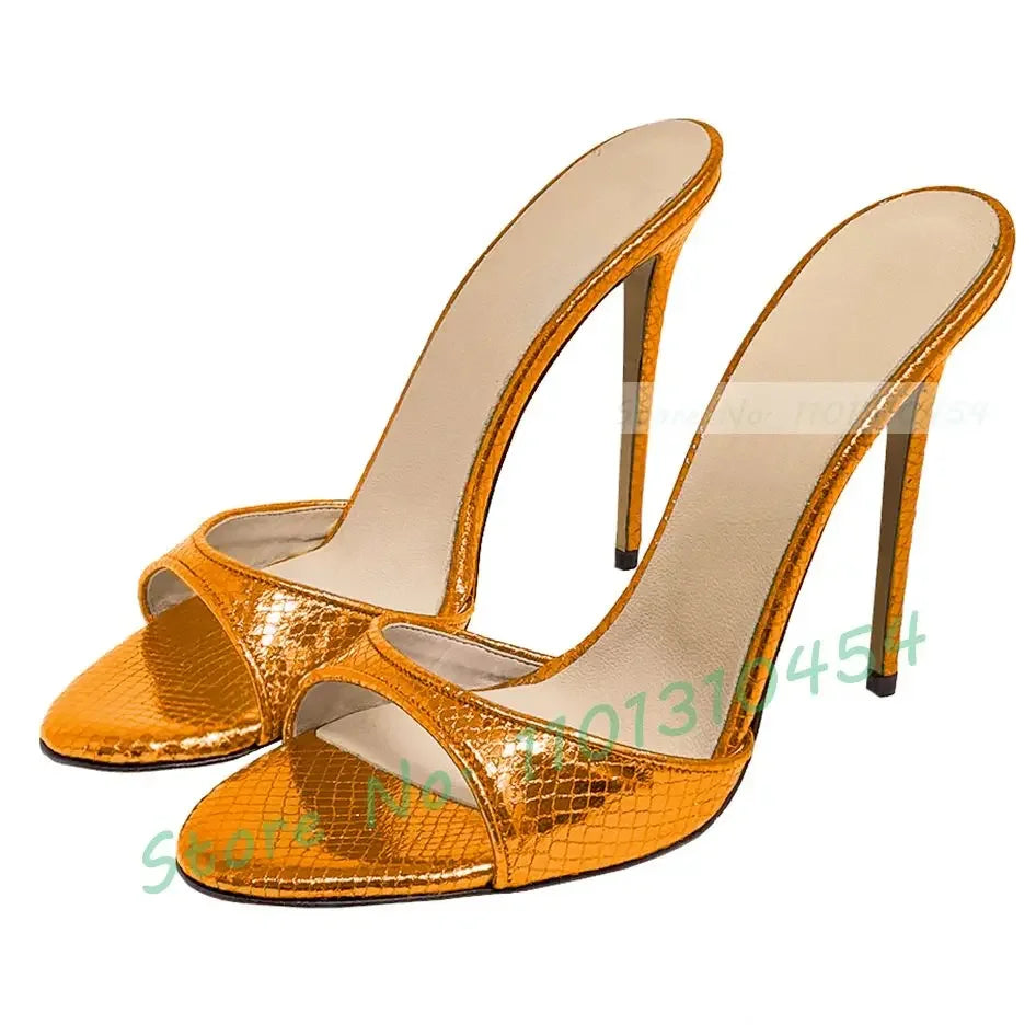 Snake‑Print Open‑Toe Stiletto Slides