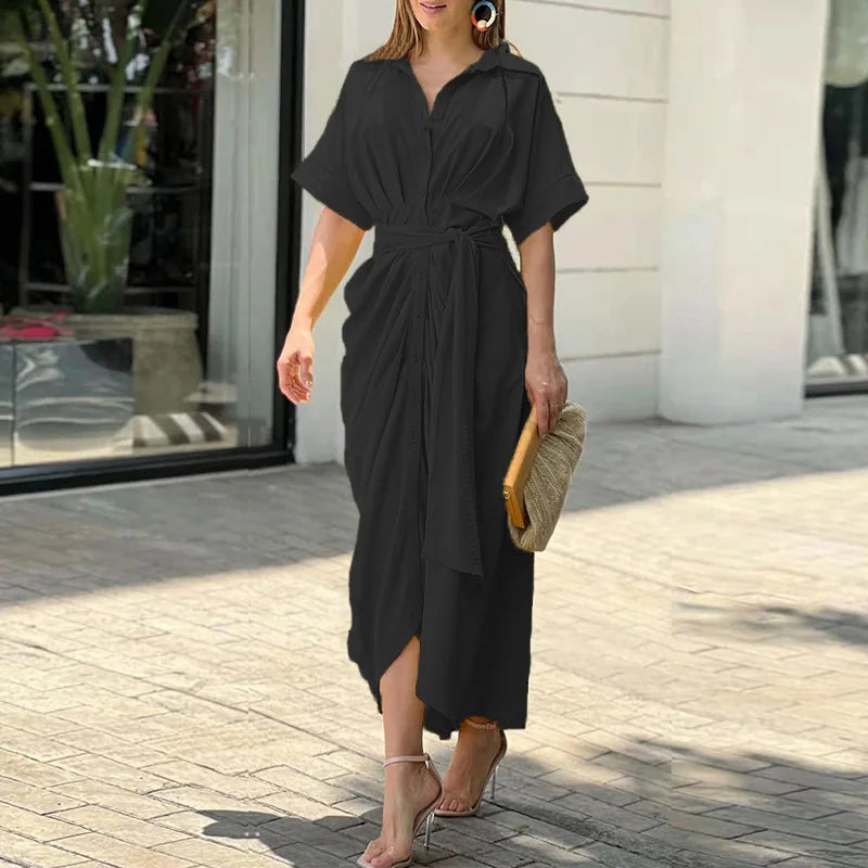 New 2025 Spring Summer Bohemia Shirt Print Dresses Women Turn-down Collar Sashes Long Dress Casual Party Oversized Loose Dress